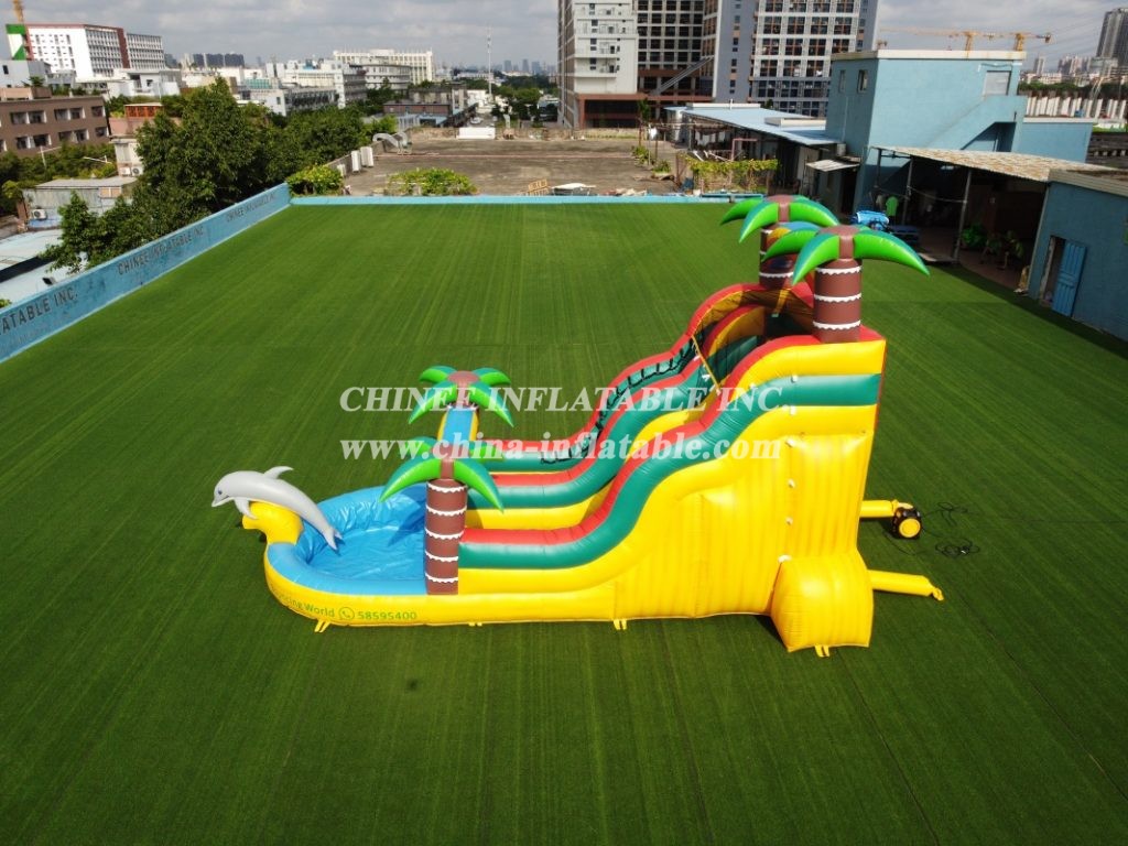 T8-1332 Dolphin Theme Inflatable Palm Tree Water Slide Kids Party Adults Inflatable Slide With Pool